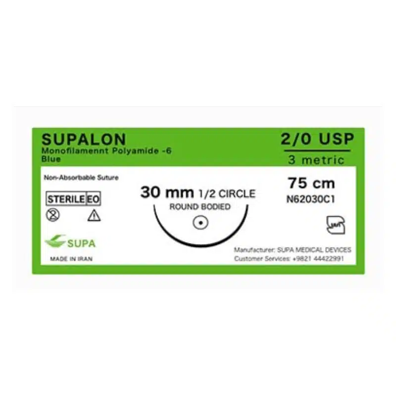 نخ بخیه نایلون 2/0 ریوس کات سوپا 1 نخ بخیه نایلون 2/0 ریوس کات سوپا
